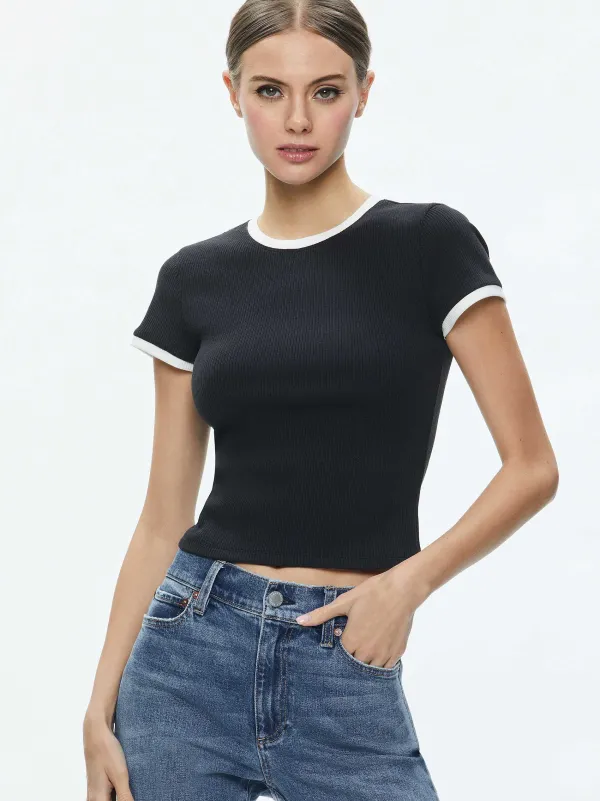 Alice and Olivia Tess Ribbed Baby Tee-Women Tops