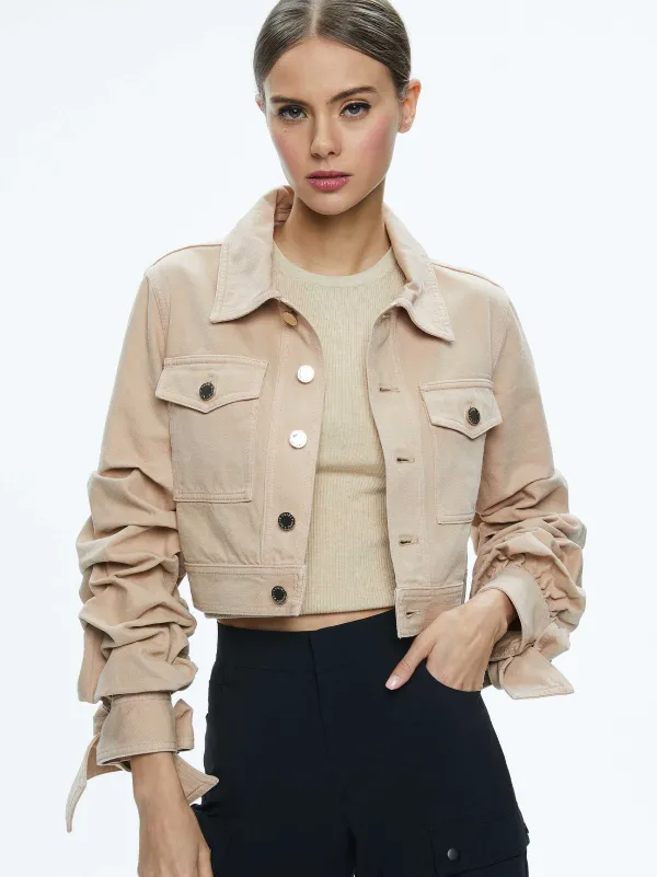 Alice and Olivia Tiff Denim Jacket With Bow Sleeve-Women Jackets + Coats
