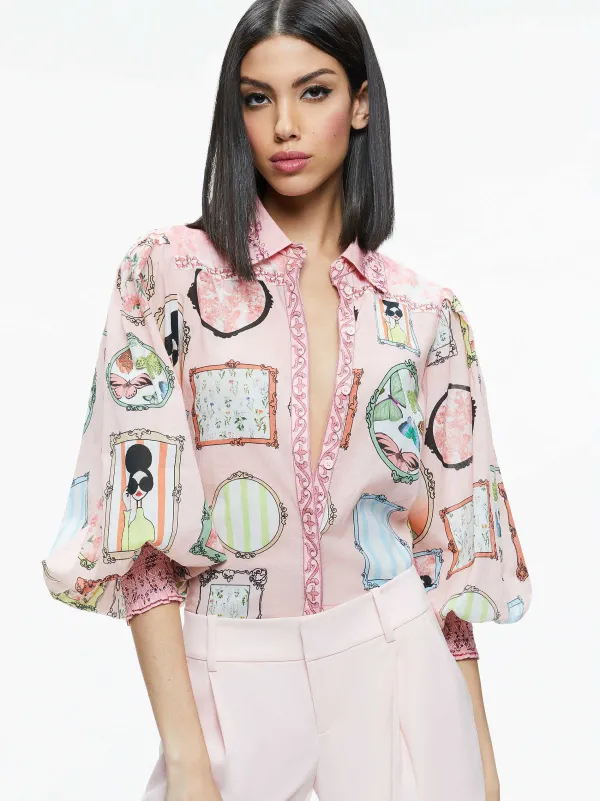Alice and Olivia Tiffie Staceface Drama Sleeve Blouse-Women Tops