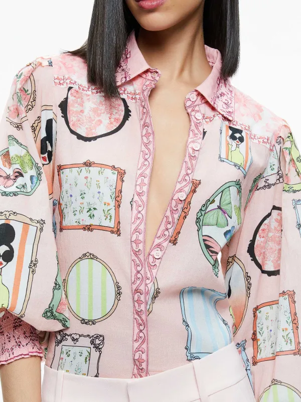 Alice and Olivia Tiffie Staceface Drama Sleeve Blouse-Women Tops
