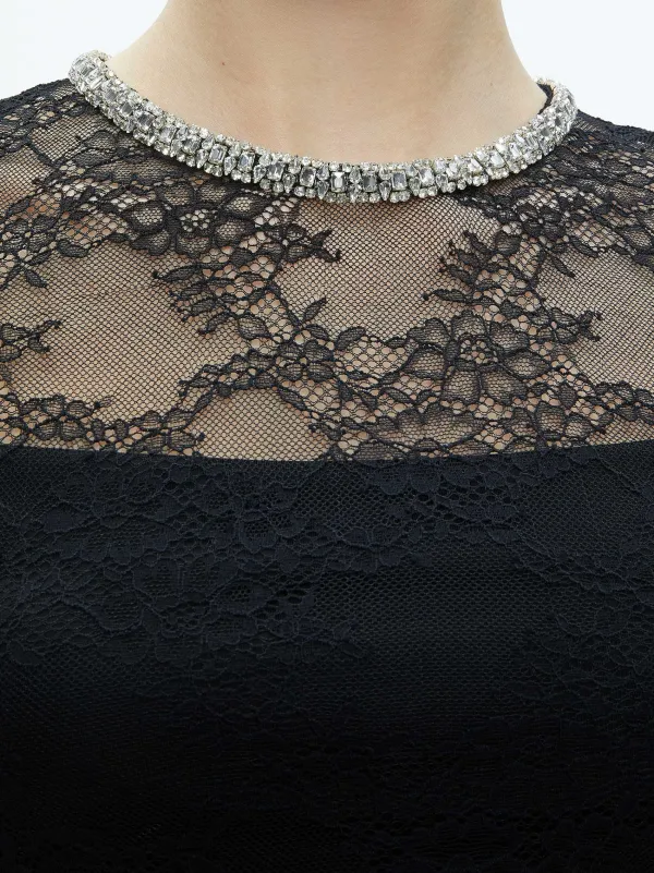 Alice and Olivia Vanita Embellished Neck Lace Crop Top-Women Tops
