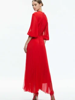 Alice and Olivia Vernia Blouson Sleeve Pleated Maxi Dress-Women Dresses