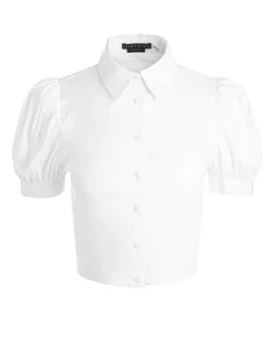 Alice and Olivia Willa Cropped Puff Sleeve Button Down-Women Tops