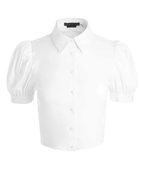 Alice and Olivia Willa Cropped Puff Sleeve Button Down-Women Tops