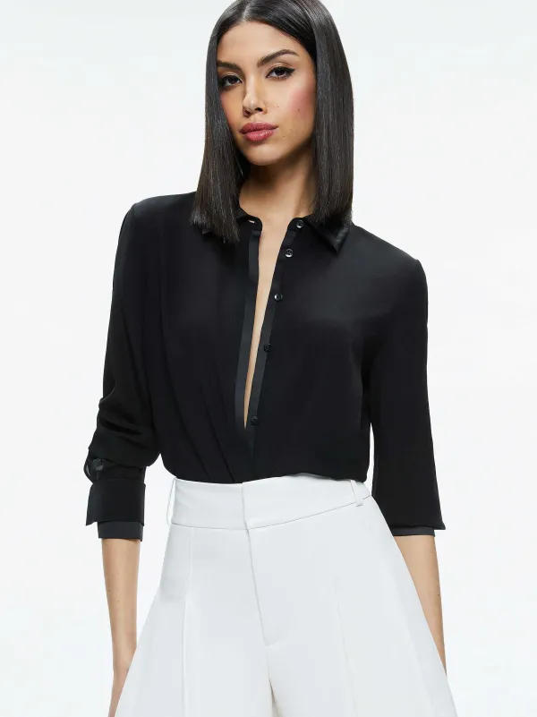 Alice and Olivia Willa Relaxed Placket Top With Piping Detail-Women Tops