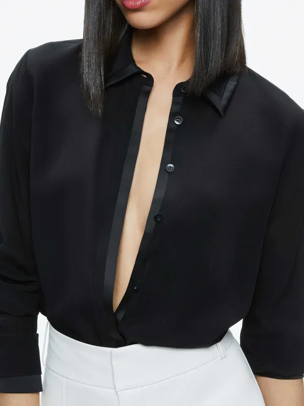 Alice and Olivia Willa Relaxed Placket Top With Piping Detail-Women Tops