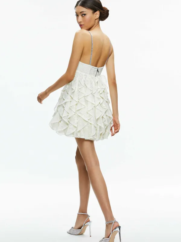 Alice and Olivia Wilmarie Embellished Lace Ruffle Mini Gown-Women Dresses