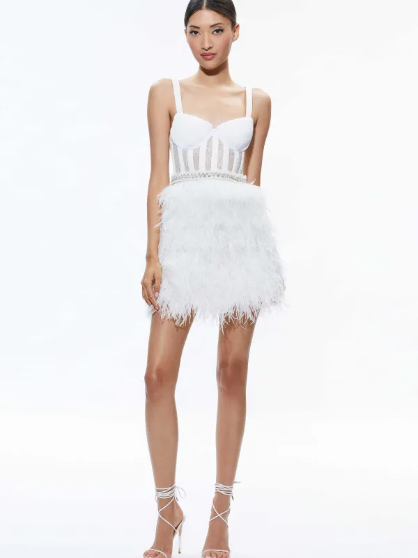 Alice and Olivia Xia Sheer Bustier Feathered Mini Dress-Women Dresses