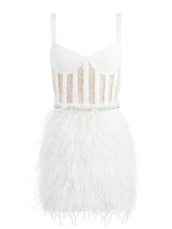 Alice and Olivia Xia Sheer Bustier Feathered Mini Dress-Women Dresses