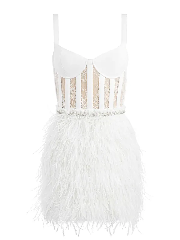 Alice and Olivia Xia Sheer Bustier Feathered Mini Dress-Women Dresses
