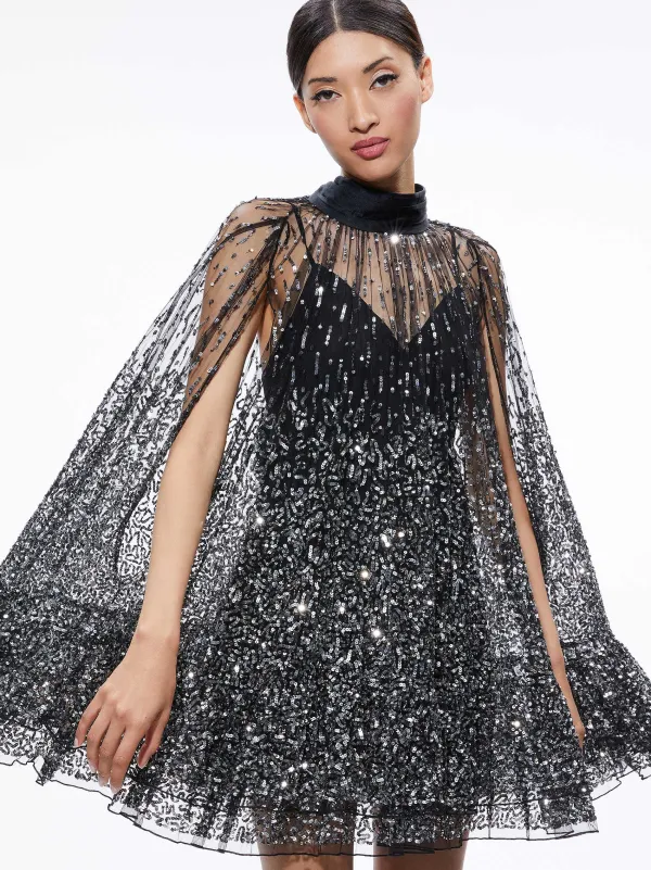 Alice and Olivia Zenon Sequin Cape Mini Dress-Women Dresses